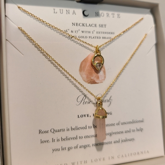 POWER OF TWO 2 Luna Norte Gold plated Necklaces ROSE QUARTZ - Picture 4 of 13